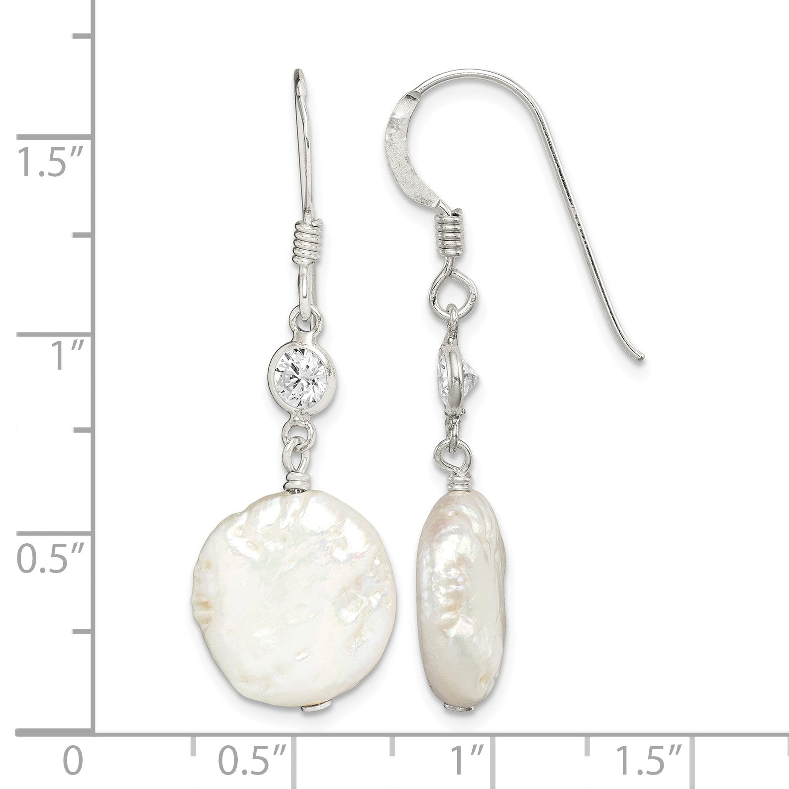 Sterling Silver Polished White 12-13mm Coin Freshwater Cultured Pearl & CZ Dangle Earrings