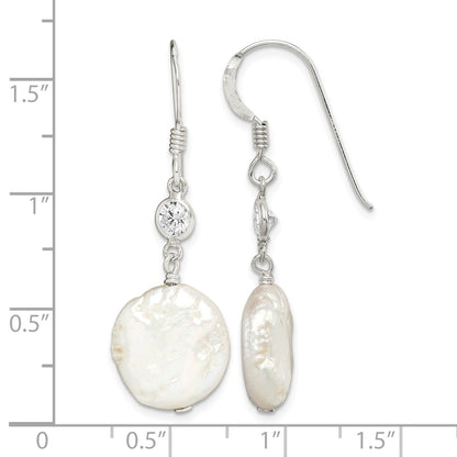 Sterling Silver Polished White 12-13mm Coin Freshwater Cultured Pearl & CZ Dangle Earrings