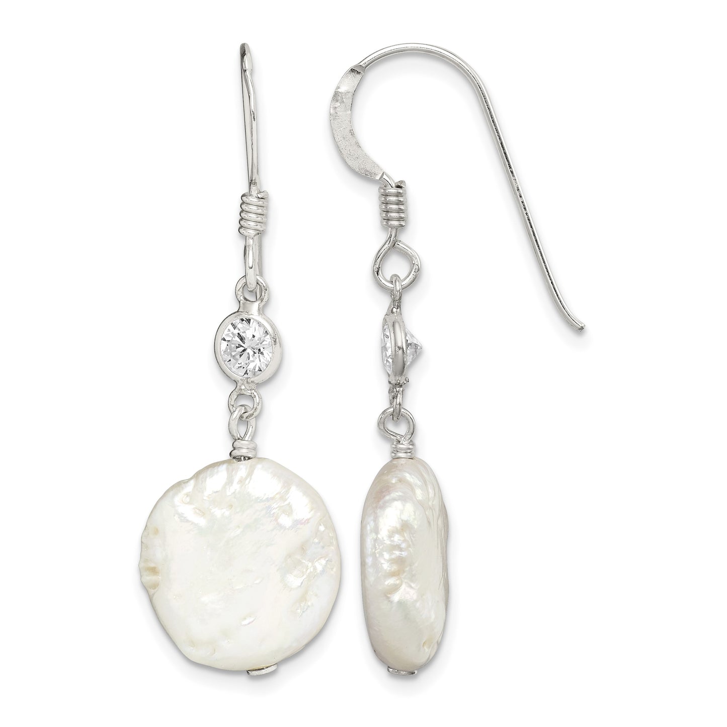 Sterling Silver Polished White 12-13mm Coin Freshwater Cultured Pearl & CZ Dangle Earrings