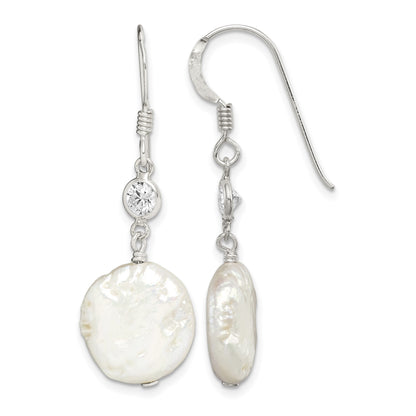 Sterling Silver Polished White 12-13mm Coin Freshwater Cultured Pearl & CZ Dangle Earrings