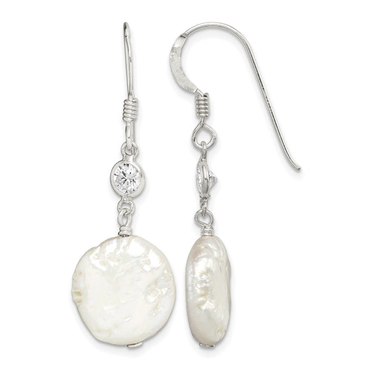 Sterling Silver Polished White 12-13mm Coin Freshwater Cultured Pearl & CZ Dangle Earrings