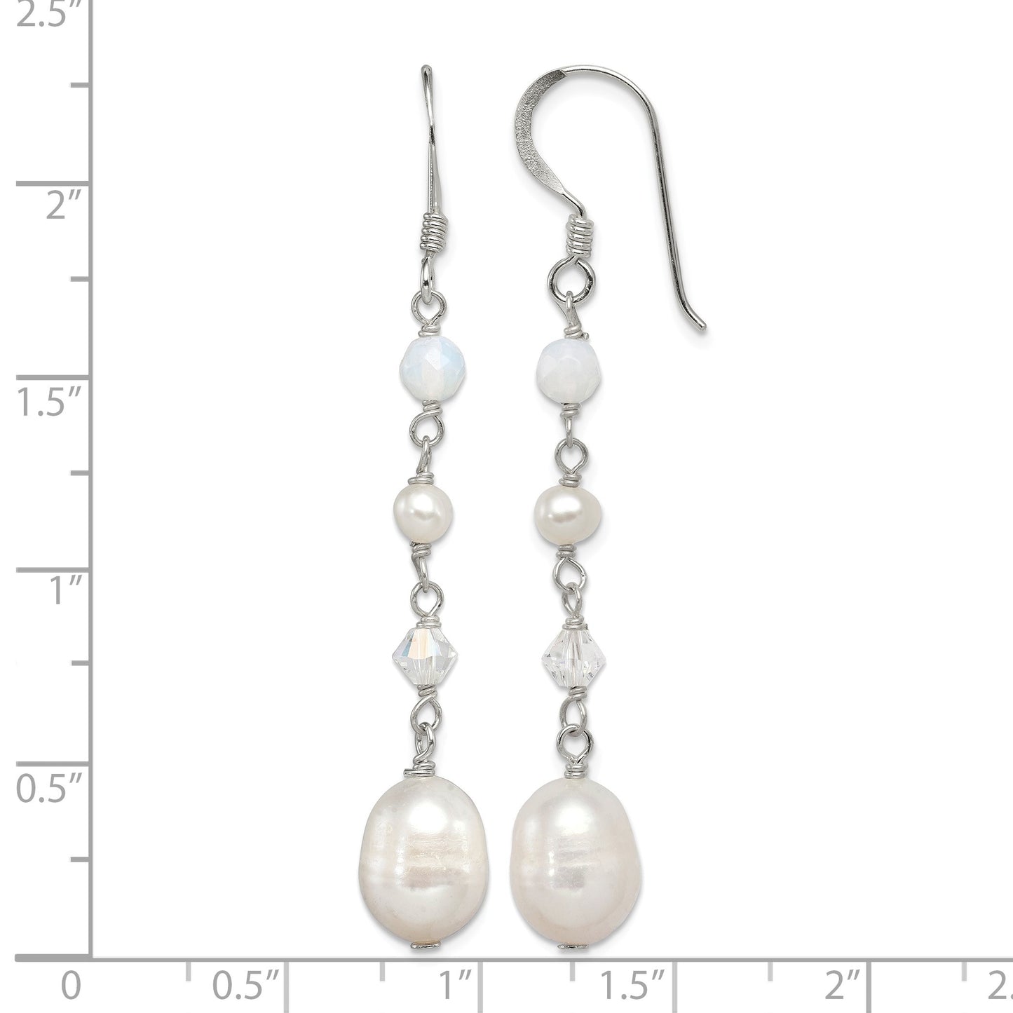 Sterling Silver Polished FWC Pearl/Opalite Crystal/Crystal Dangle Earrings