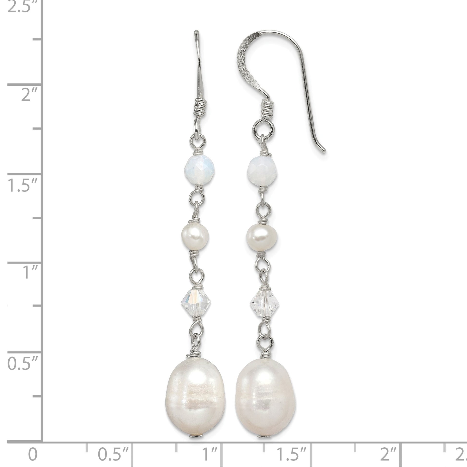 Sterling Silver Polished FWC Pearl/Opalite Crystal/Crystal Dangle Earrings