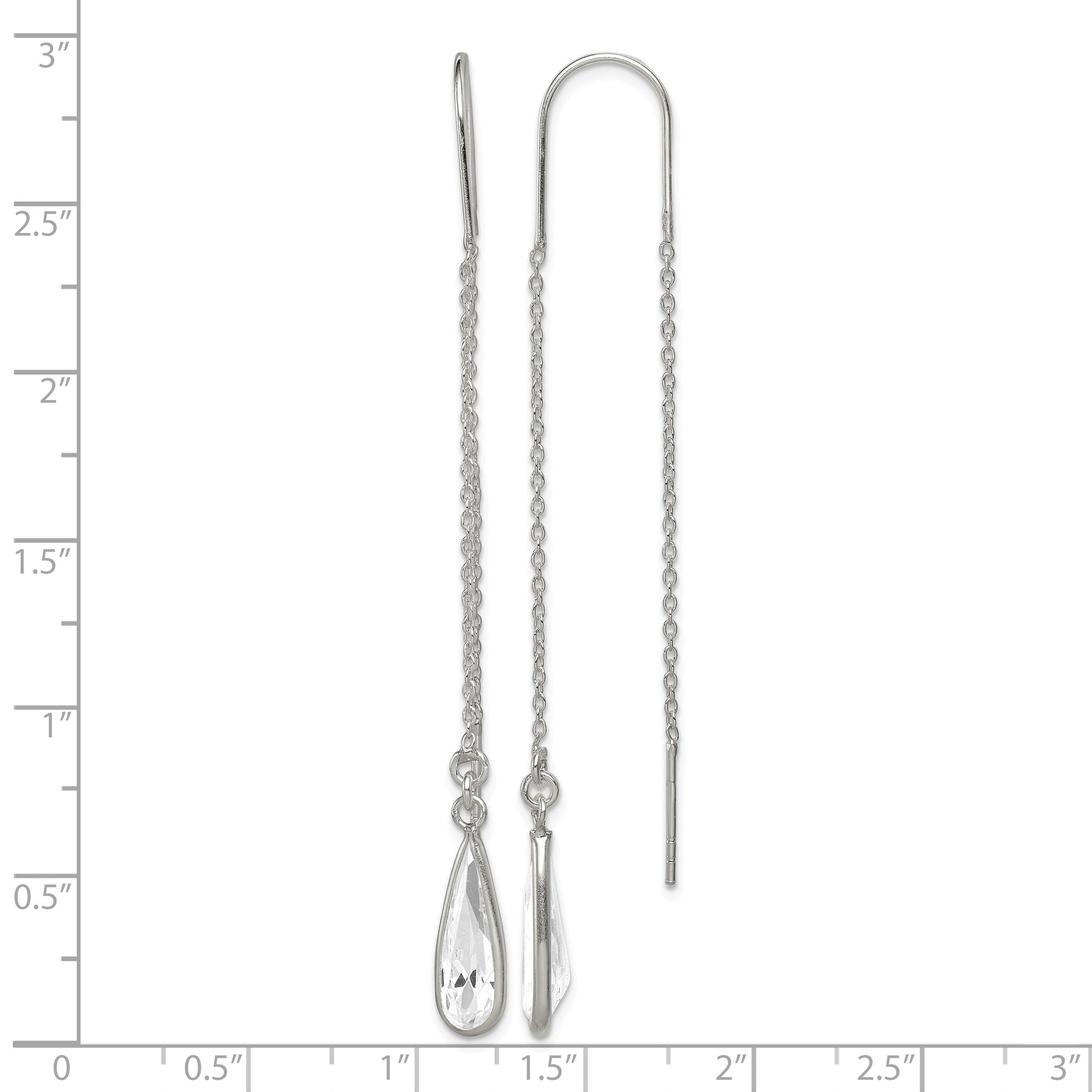 Sterling Silver Polished Crystal Teardrop Threader Earrings