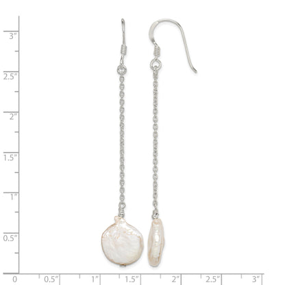 Sterling Silver Polished White 12-13mm Coin Freshwater Cultured Pearl Dangle Earrings