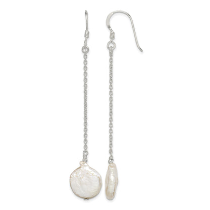 Sterling Silver Polished White 12-13mm Coin Freshwater Cultured Pearl Dangle Earrings
