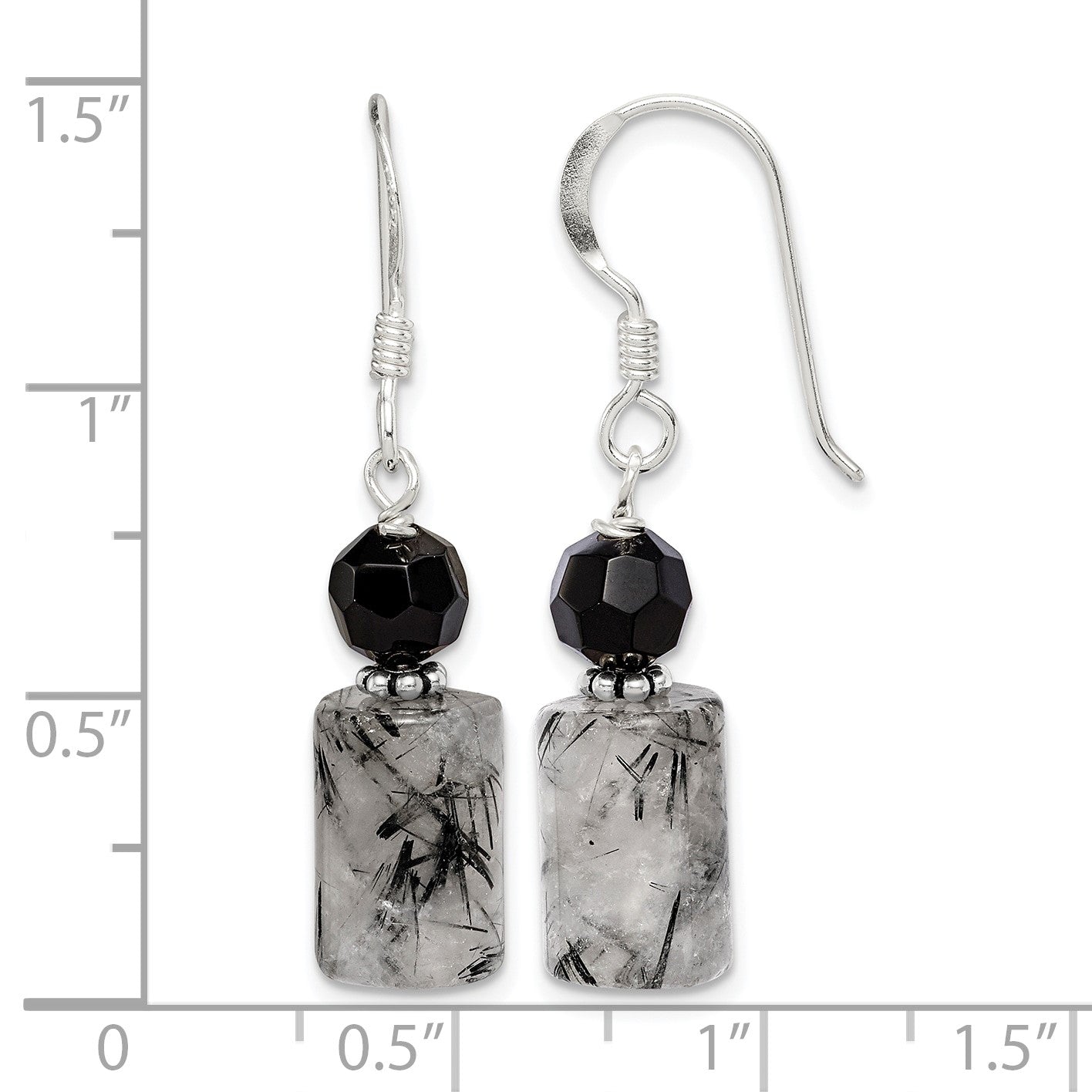 Sterling Silver Polished & Antiqued Black Crystal & Tourmalinated Quartz Dangle Earrings