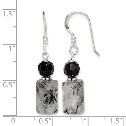 Sterling Silver Polished & Antiqued Black Crystal & Tourmalinated Quartz Dangle Earrings