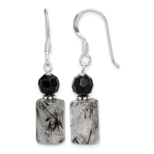 Sterling Silver Polished & Antiqued Black Crystal & Tourmalinated Quartz Dangle Earrings