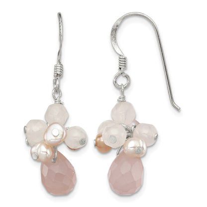 Sterling Silver Rose Quartz and Pink Freshwater Cultured Pearl Dangle Earrings