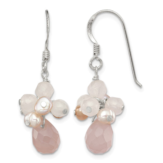 Sterling Silver Rose Quartz and Pink Freshwater Cultured Pearl Dangle Earrings
