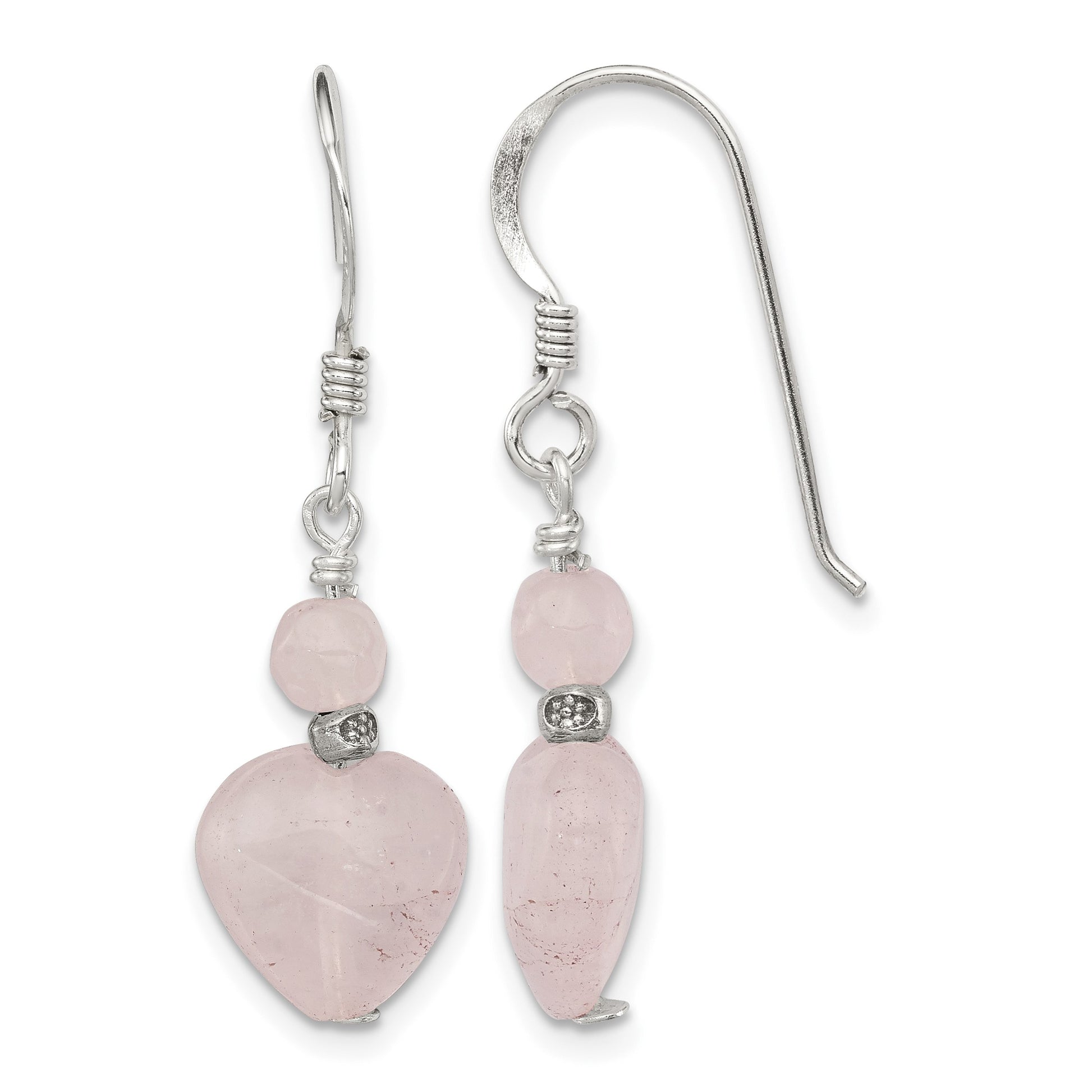 Sterling Silver Polished & Antiqued Rose Quartz Heart Dangle Earrings