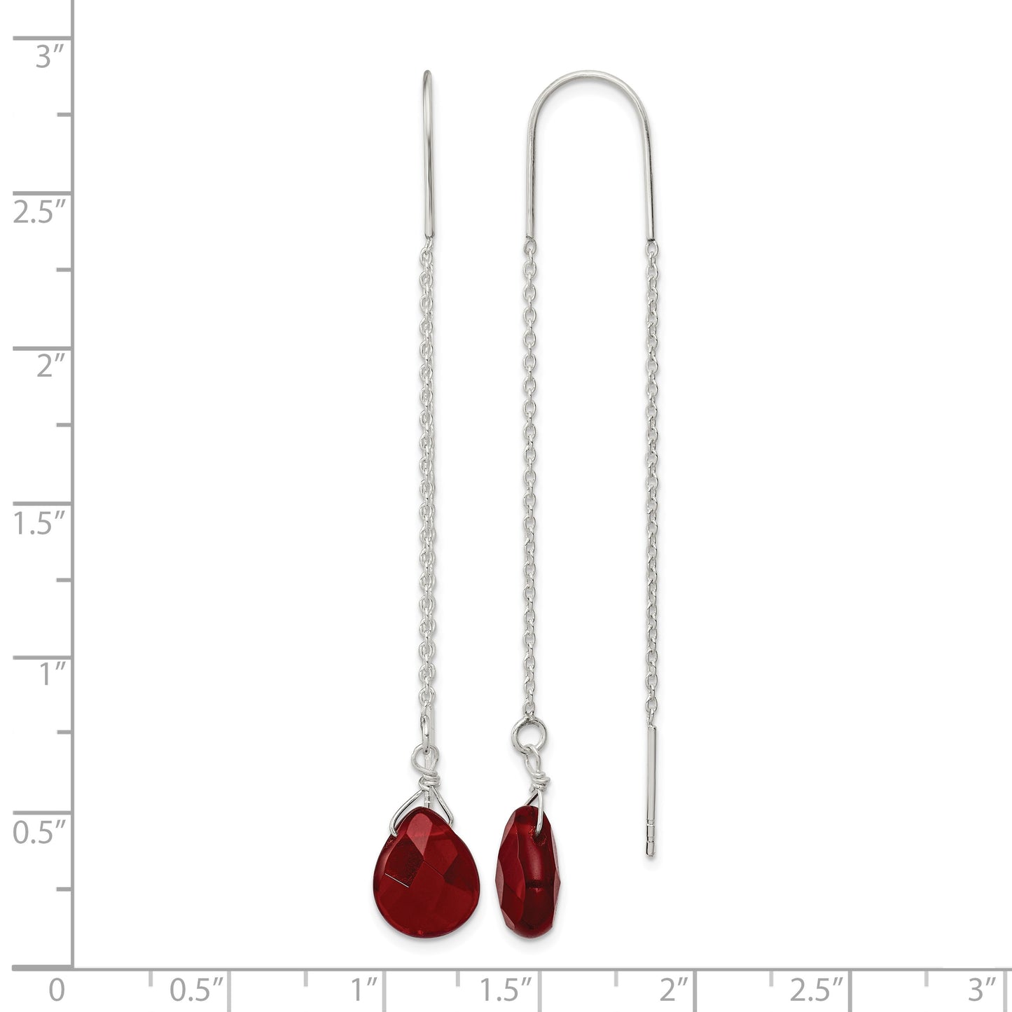 Sterling Silver Polished Faceted Red Crystal Teardrop Threader Earrings