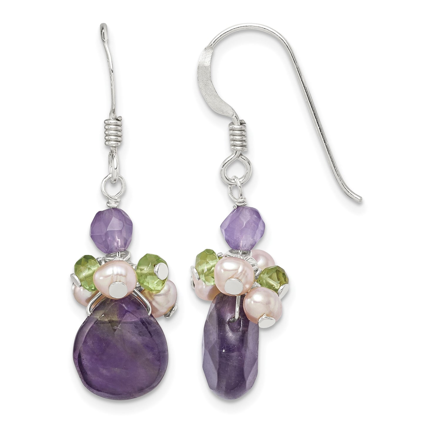 Sterling Silver Amethyst, Peridot & Peach FWC Pearl Dangle Earrings