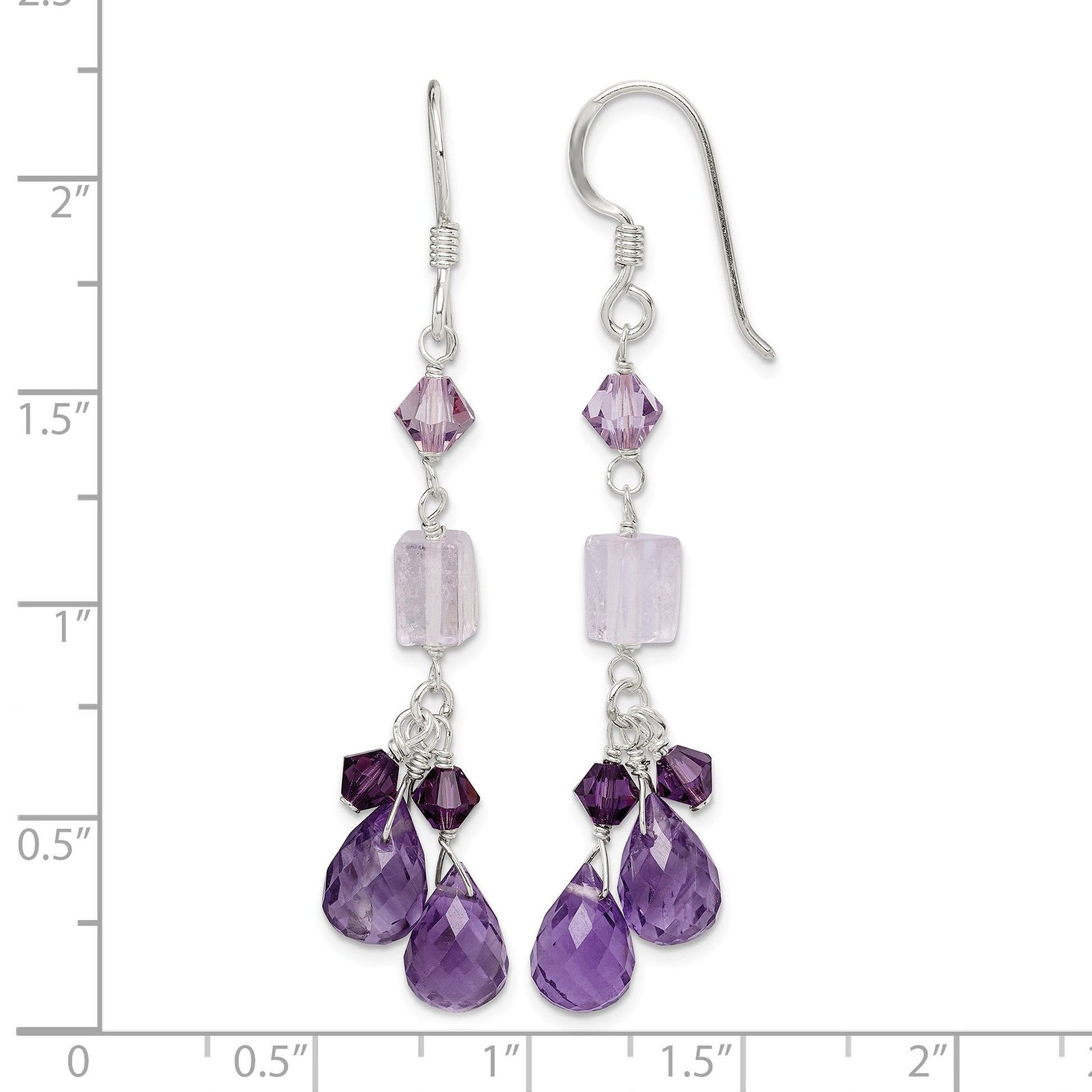 Sterling Silver Polished Amethyst, Lavender Quartz & Crystal Dangle Earrings