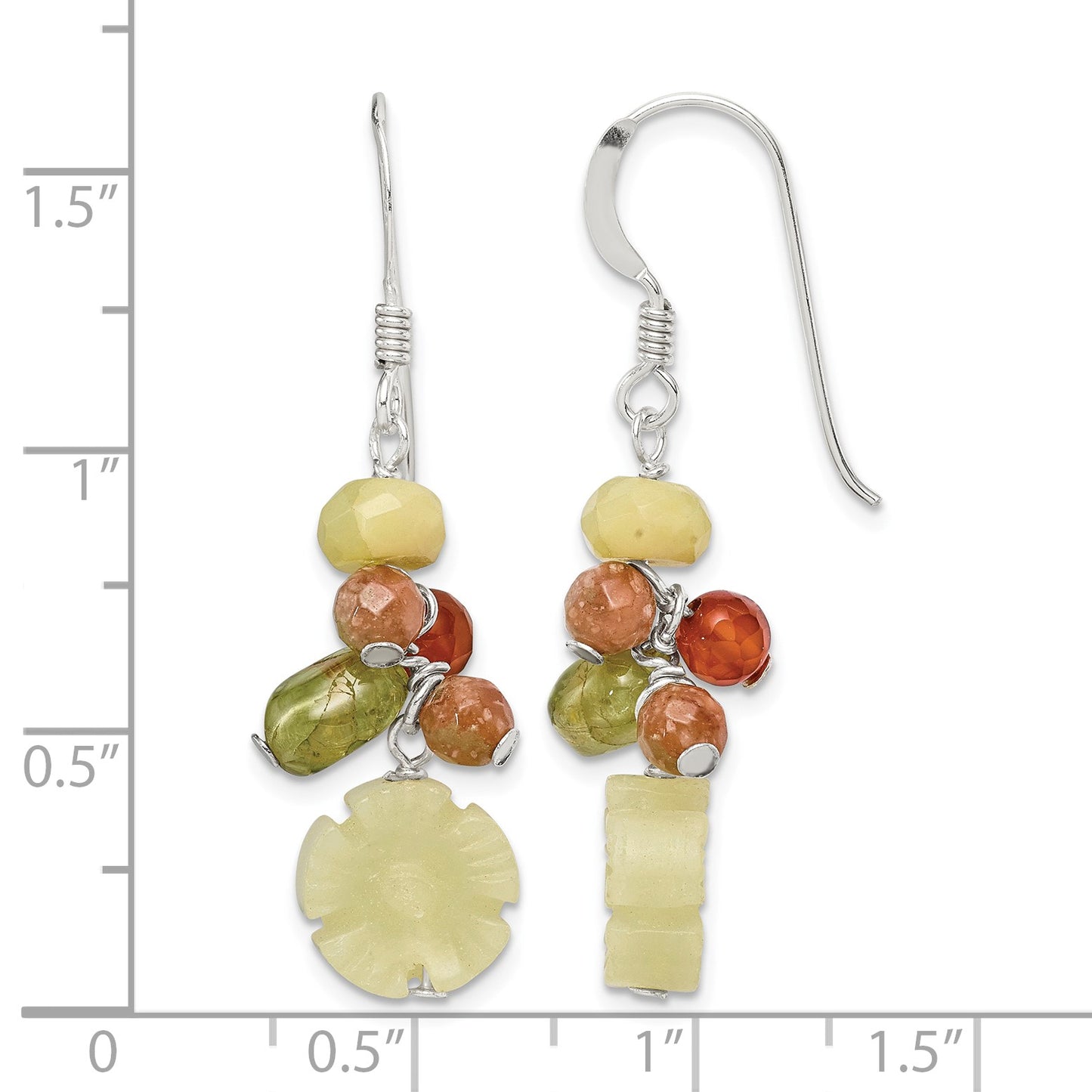 Sterling Silver Polished Jade, Unikite, Peridot, Aventurine & Carnelian Floral Dangle Earrings