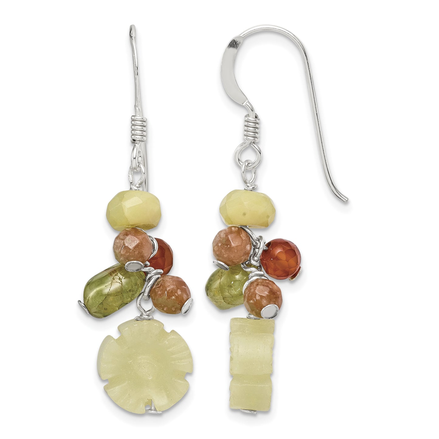 Sterling Silver Polished Jade, Unikite, Peridot, Aventurine & Carnelian Floral Dangle Earrings