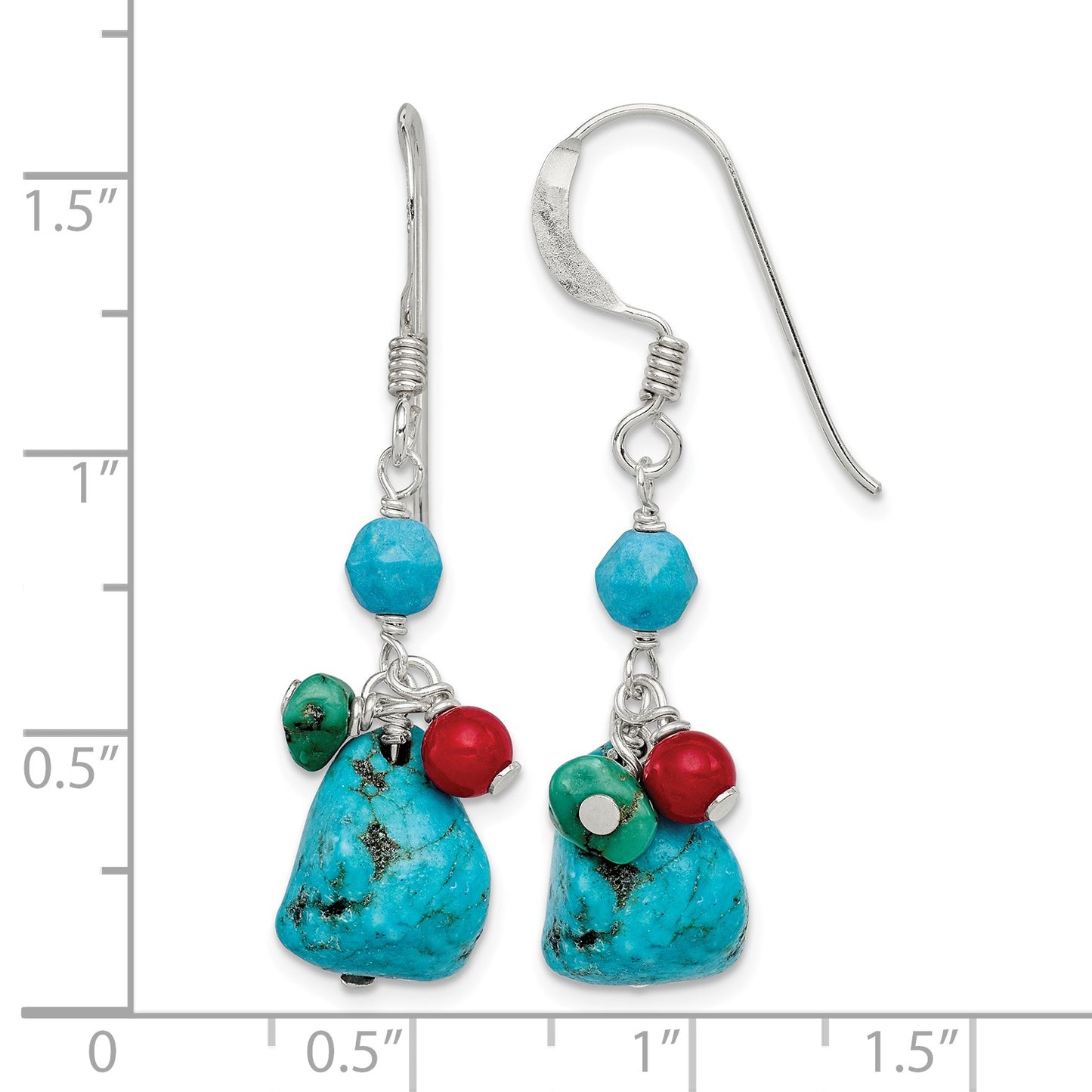 Sterling Silver Dyed Howlite/Turquoise/Red Coral Earrings