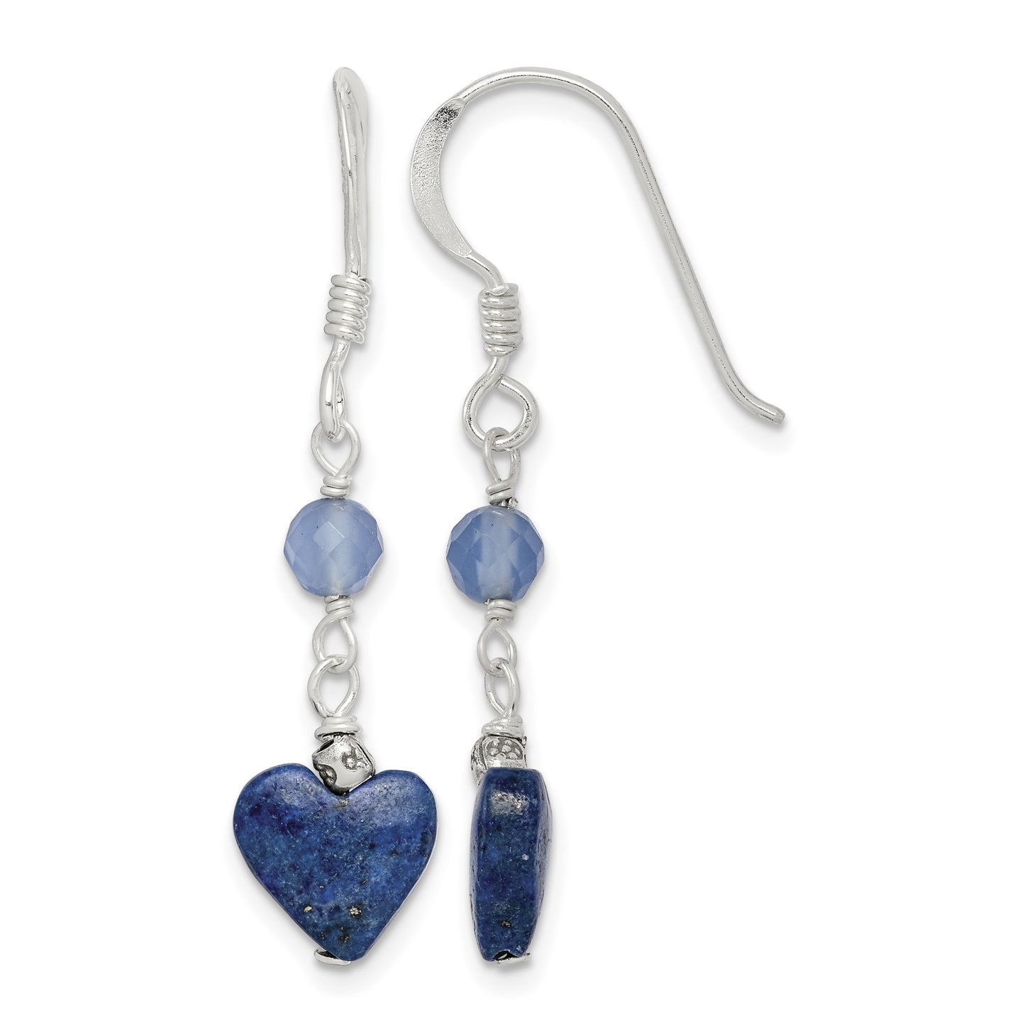 Sterling Silver Polished & Antiqued Blue Agate & Lapis Heart Dangle Earring