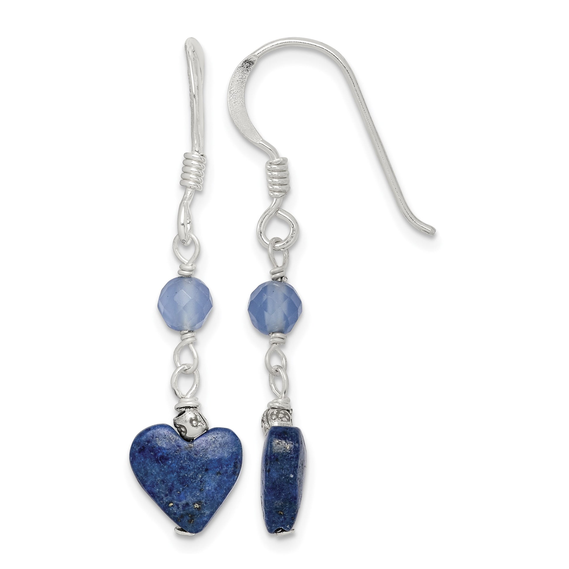 Sterling Silver Polished & Antiqued Blue Agate & Lapis Heart Dangle Earring