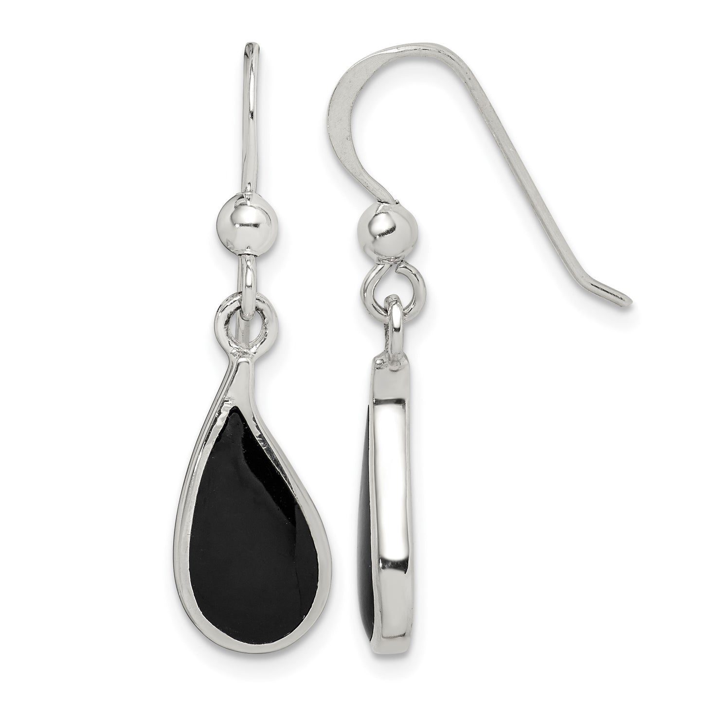 Sterling Silver Polished Curved Onyx Teardrop Dangle Earrings
