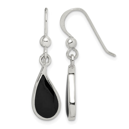 Sterling Silver Polished Curved Onyx Teardrop Dangle Earrings