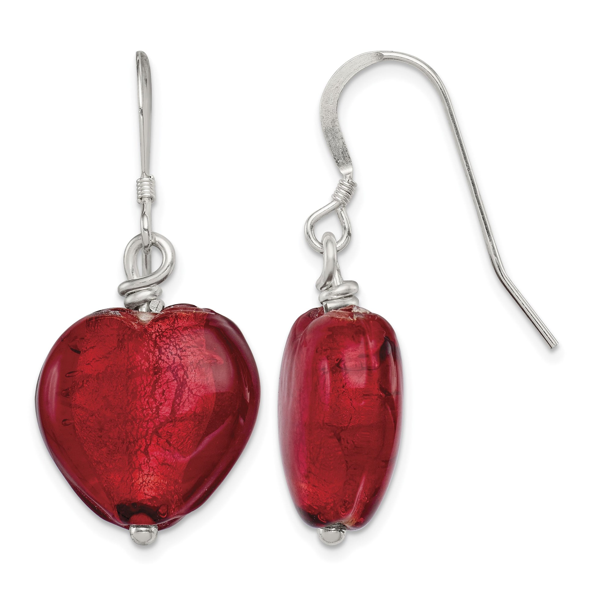 Sterling Silver Red Murano Glass Heart Dangle Earrings