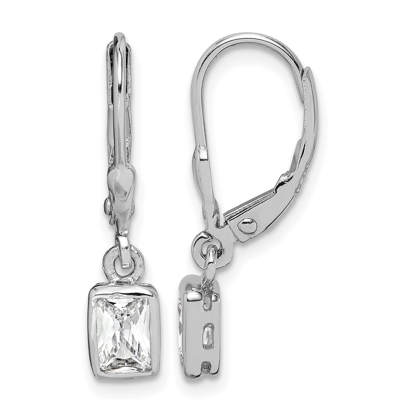 Sterling Silver Rhodium-plated Emerald-cut 6x4mm CZ Leverback Earrings