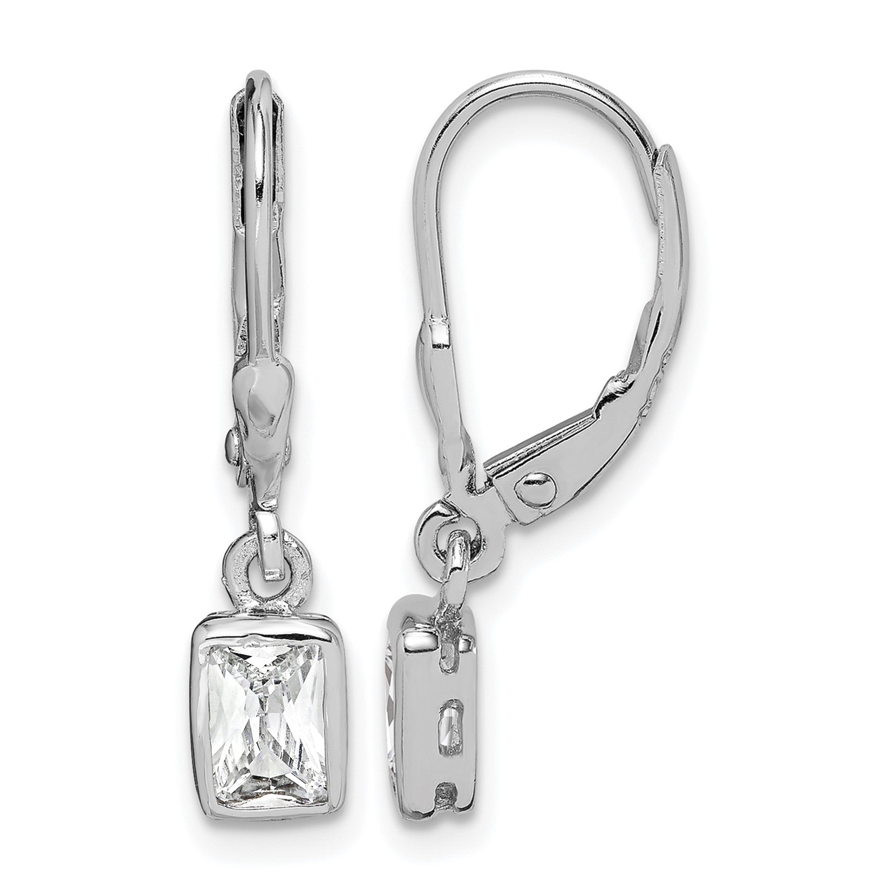 Sterling Silver Rhodium-plated Emerald-cut 6x4mm CZ Leverback Earrings