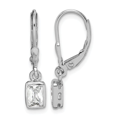 Sterling Silver Rhodium-plated Emerald-cut 6x4mm CZ Leverback Earrings