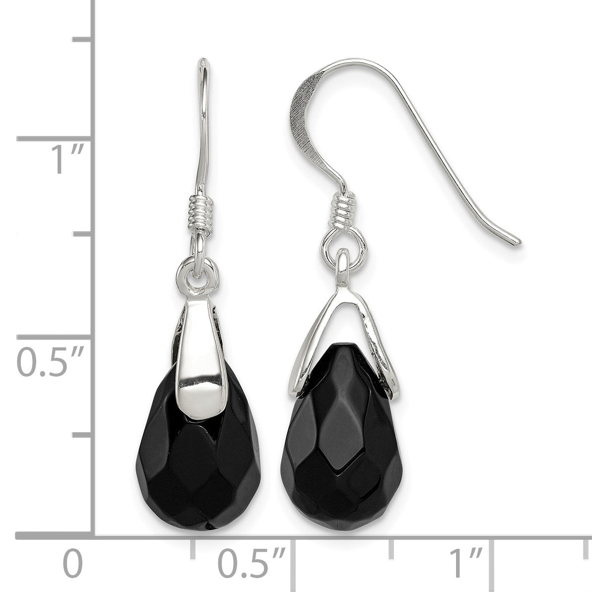 Sterling Silver Polished Faceted Onyx Teardrop Dangle Earrings