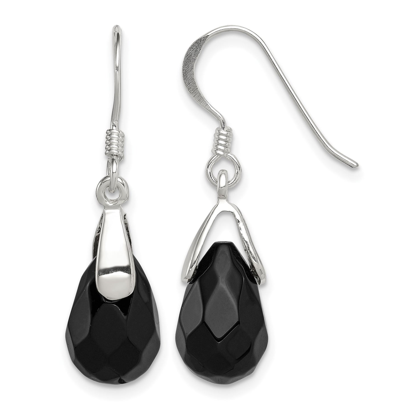 Sterling Silver Polished Faceted Onyx Teardrop Dangle Earrings