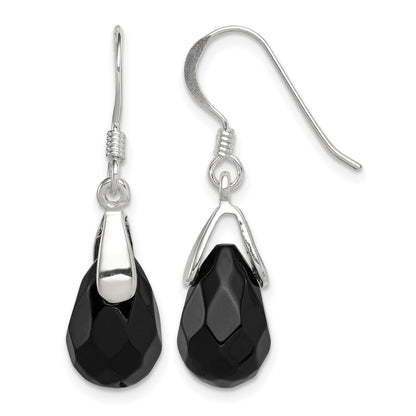 Sterling Silver Polished Faceted Onyx Teardrop Dangle Earrings