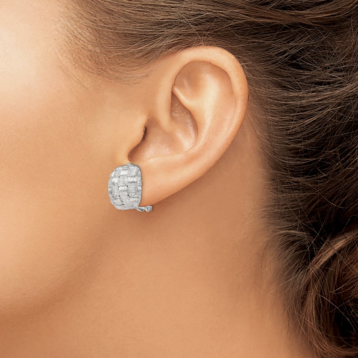 Sterling Silver Rhod-pltd Polished Woven Square Omega Back Earrings