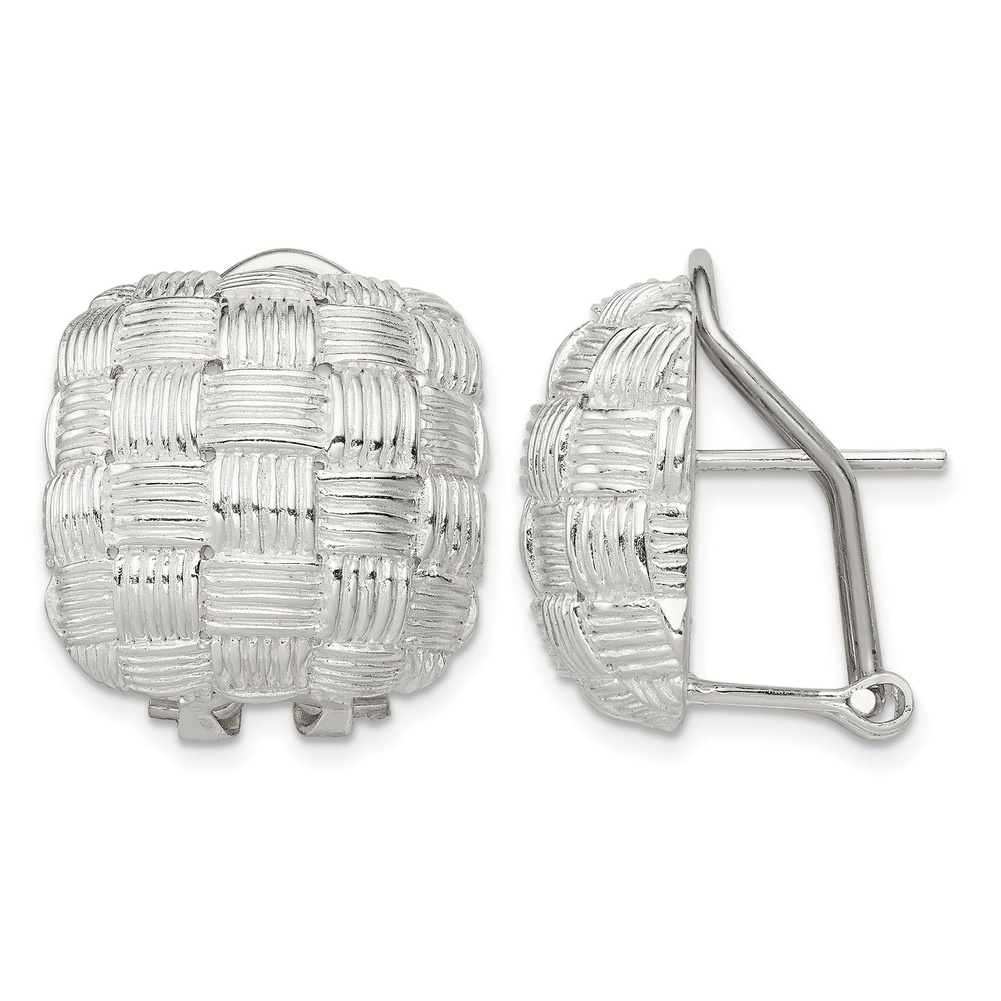 Sterling Silver Rhod-pltd Polished Woven Square Omega Back Earrings