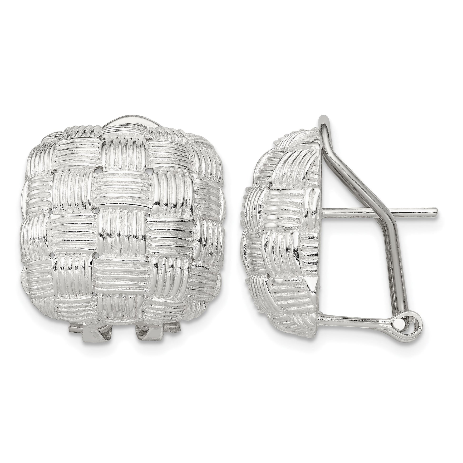 Sterling Silver Rhod-pltd Polished Woven Square Omega Back Earrings
