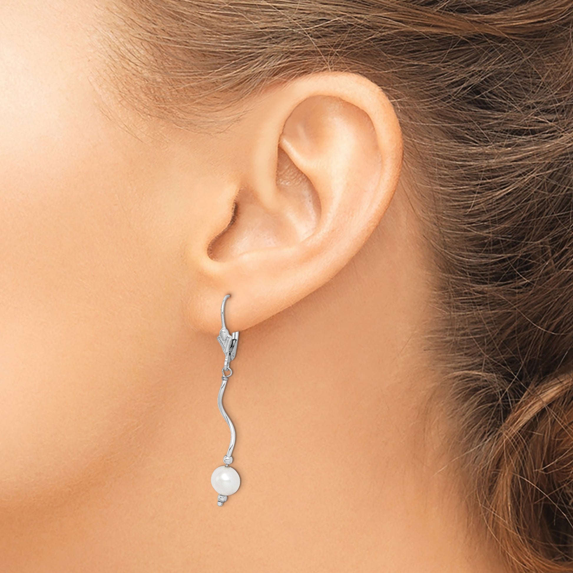 Sterling Silver Rhodium-plated 6-7mm White Semi-Round Freshwater Cultured Pearl Leverback Dangle Earrings