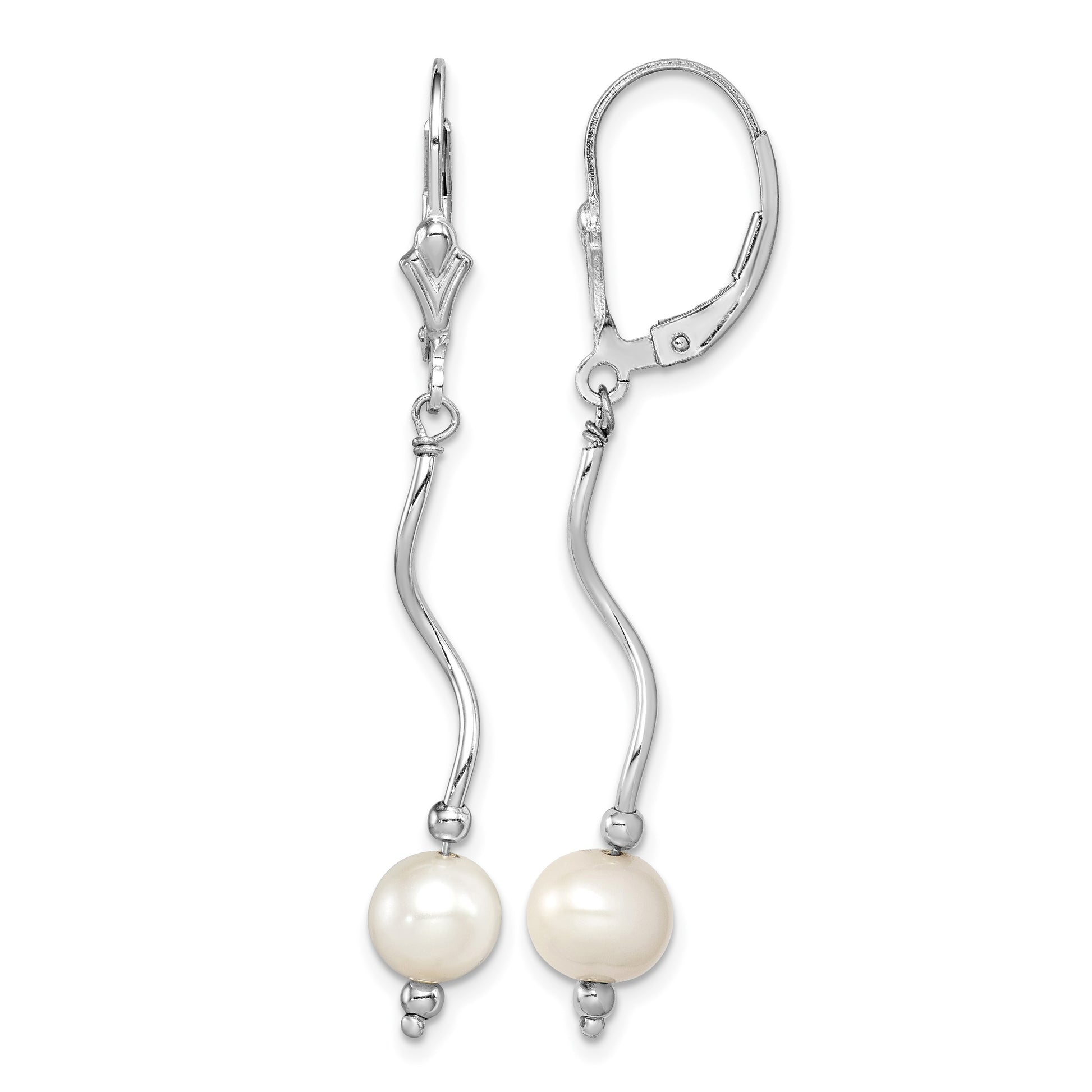 Sterling Silver Rhodium-plated 6-7mm White Semi-Round Freshwater Cultured Pearl Leverback Dangle Earrings