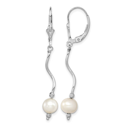 Sterling Silver Rhodium-plated 6-7mm White Semi-Round Freshwater Cultured Pearl Leverback Dangle Earrings