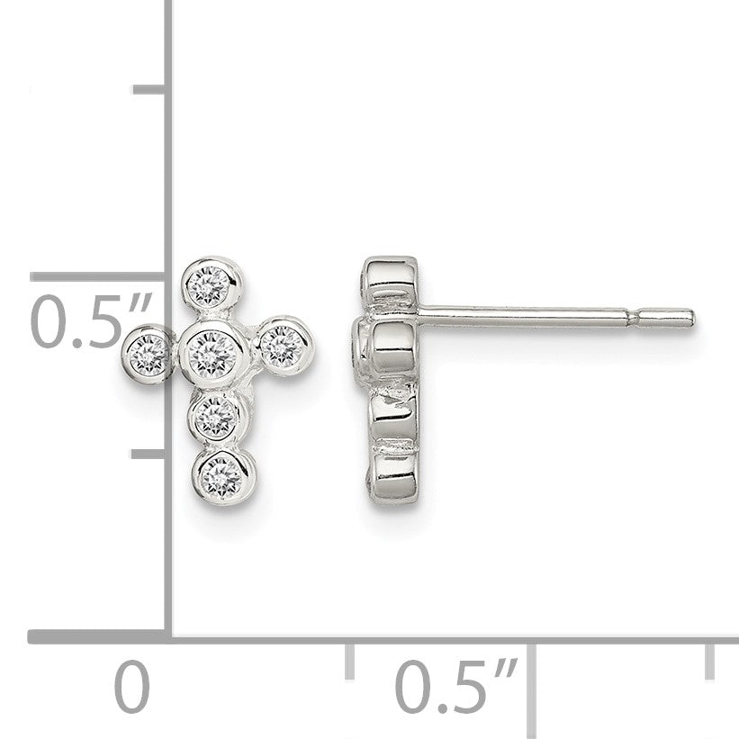 Sterling Silver Rhodium-plated Polished Bezel CZ Cross Post Earrings