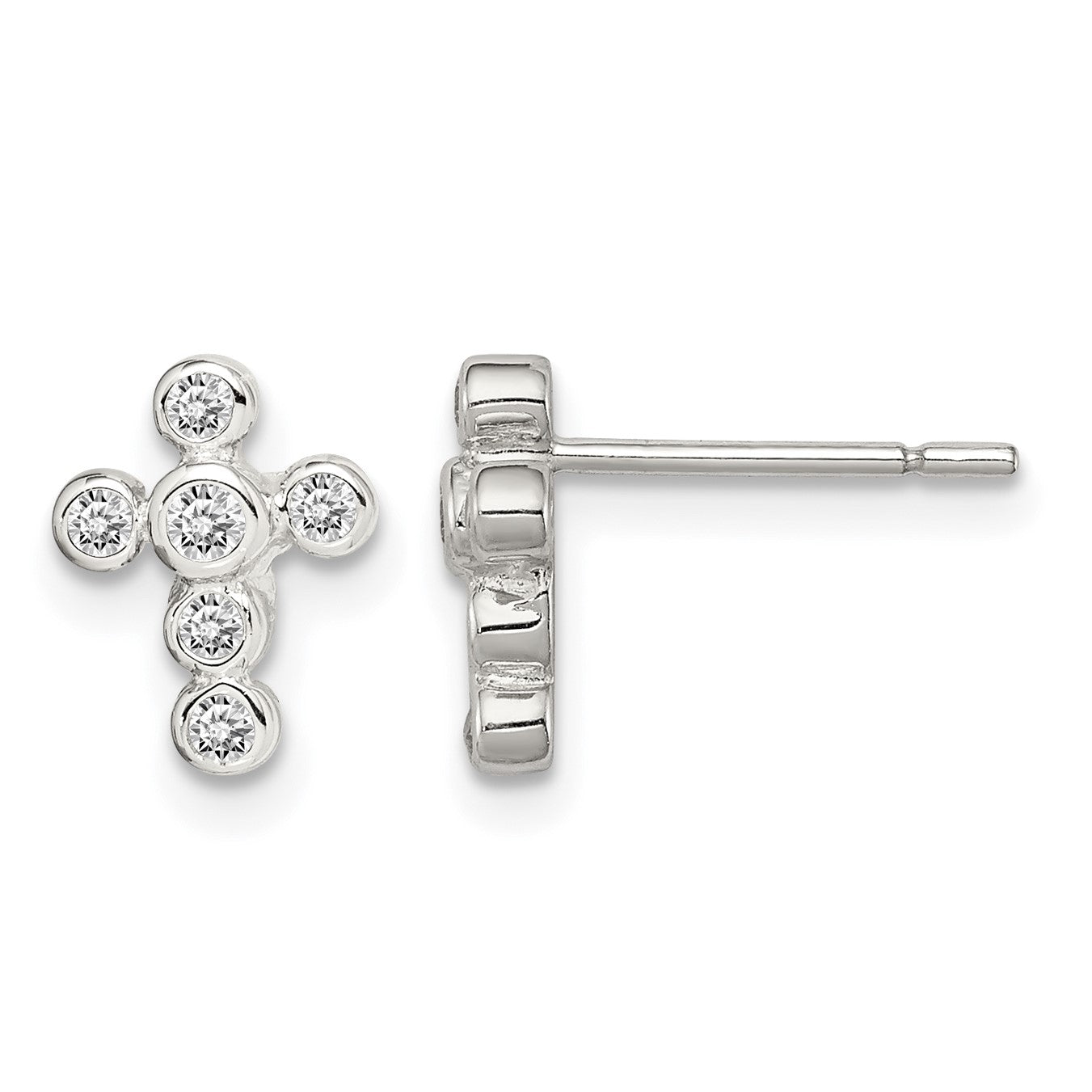 Sterling Silver Rhodium-plated Polished Bezel CZ Cross Post Earrings