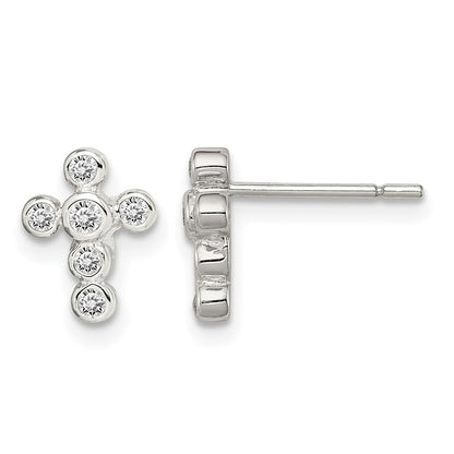Sterling Silver Rhodium-plated Polished Bezel CZ Cross Post Earrings