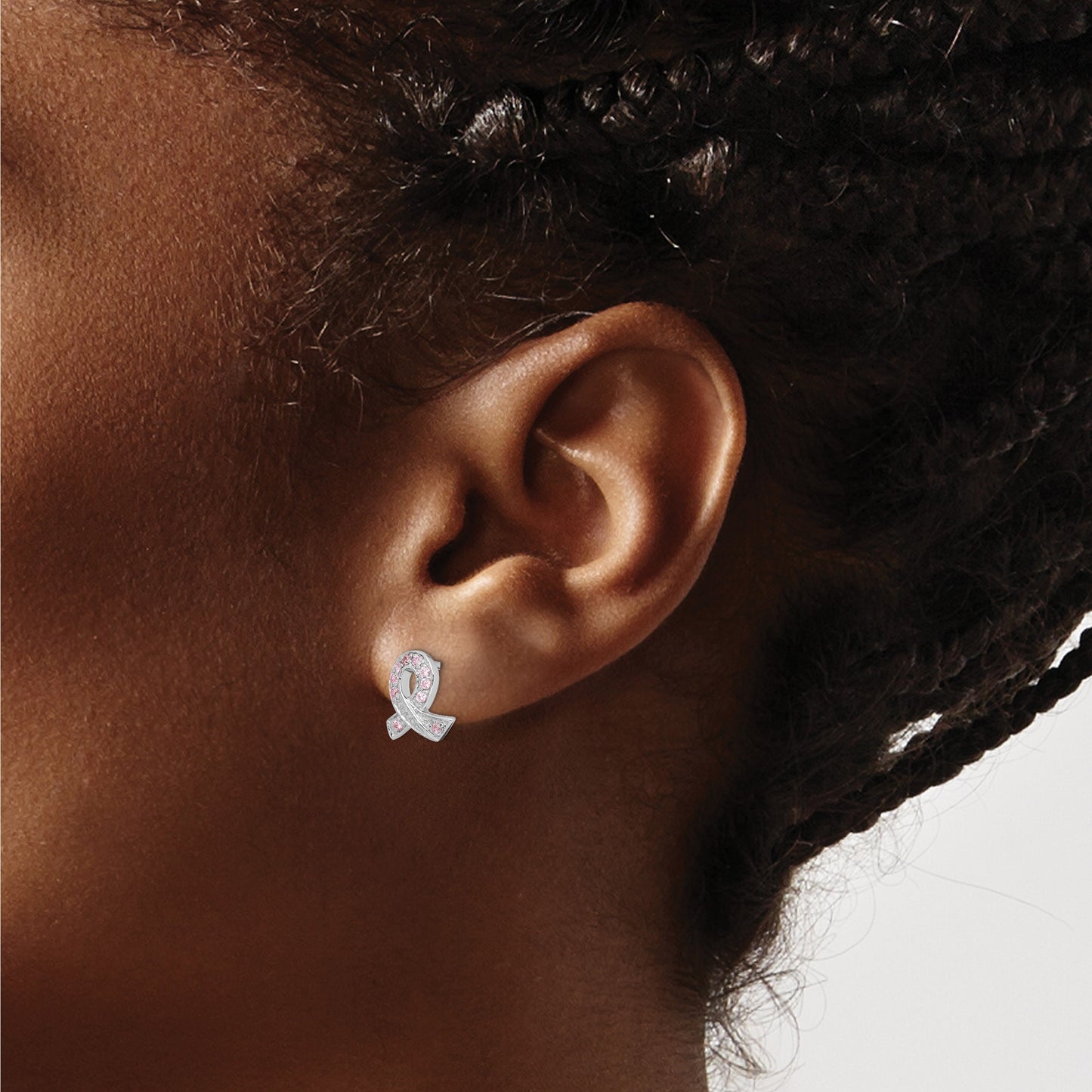 Sterling Silver Rhodium-plated Pink CZ Ribbon Earrings
