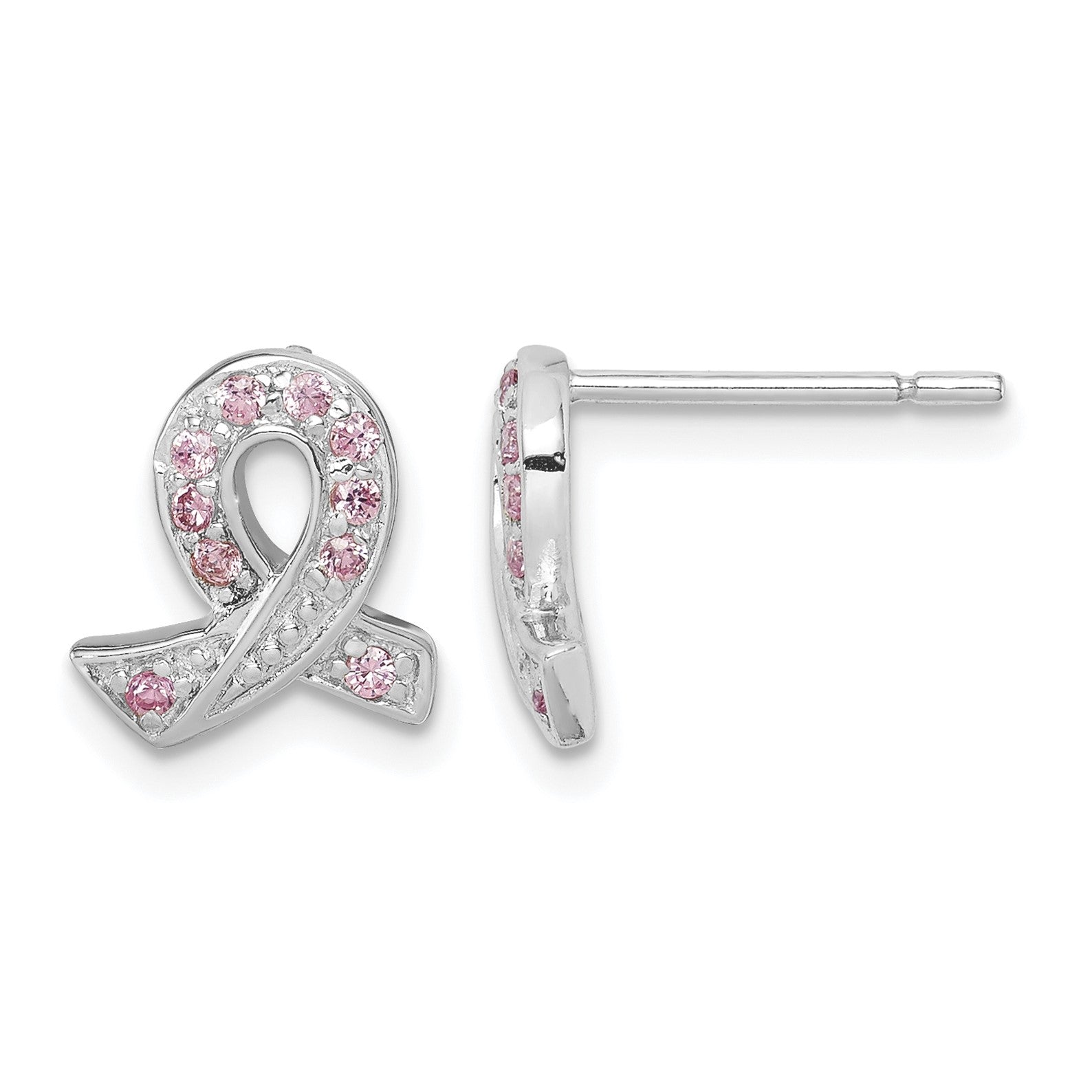 Sterling Silver Rhodium-plated Pink CZ Ribbon Earrings