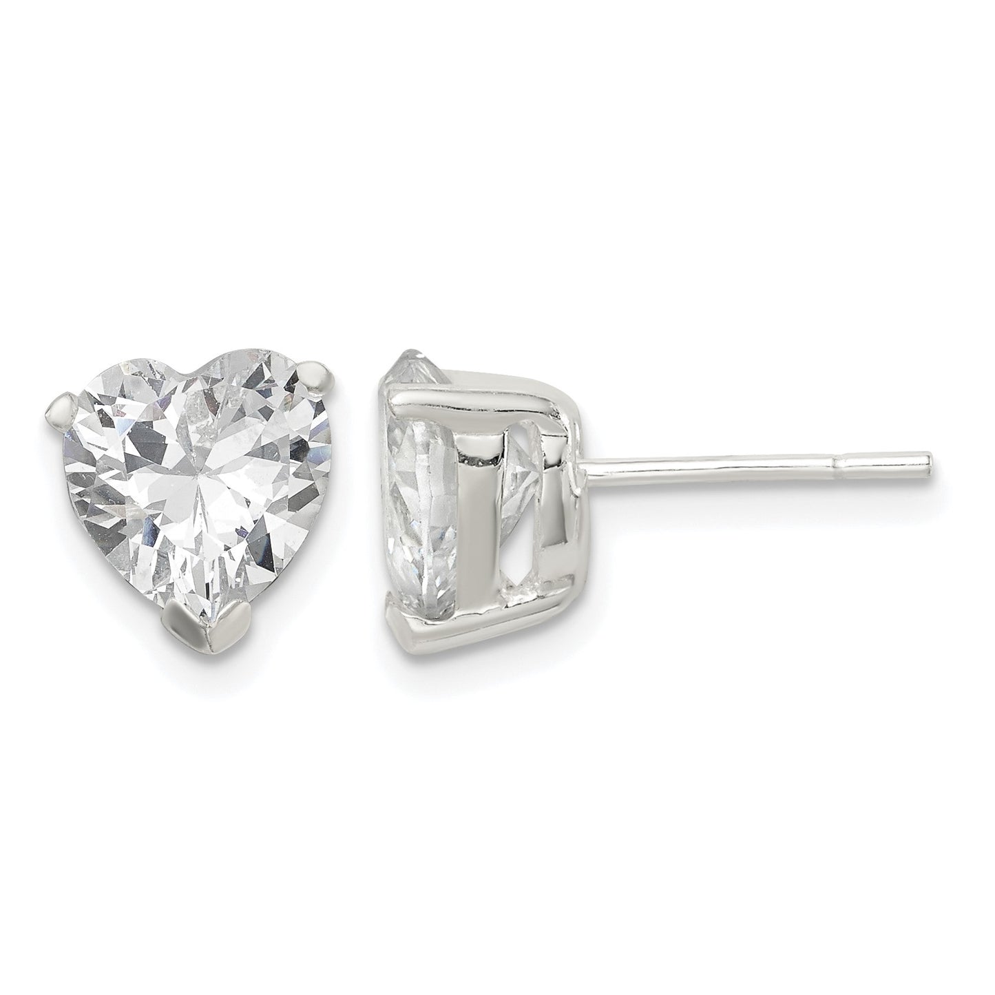 Sterling Silver Polished 8mm Heart 3 Prong Basket Set CZ Stud Earrings