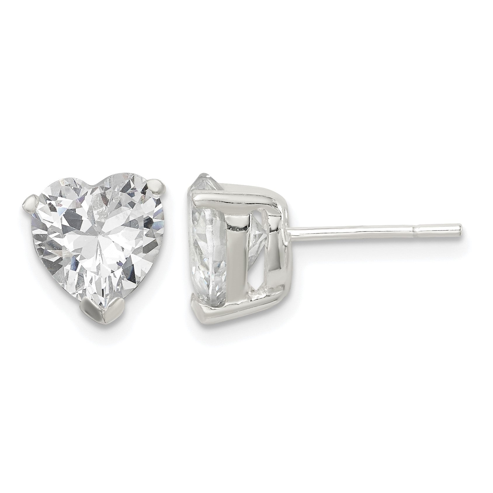 Sterling Silver Polished 8mm Heart 3 Prong Basket Set CZ Stud Earrings