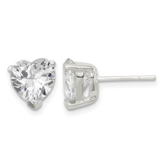 Sterling Silver Polished 8mm Heart 3 Prong Basket Set CZ Stud Earrings