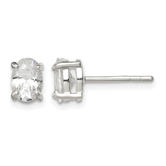 Sterling Silver Polished 5x7mm Oval Basket Set CZ Stud Earrings