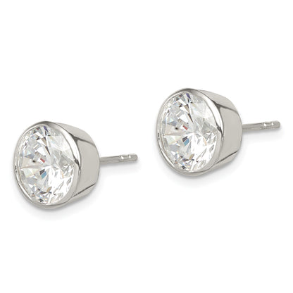 Sterling Silver Polished 9mm Round CZ Bezel Set Stud Earrings