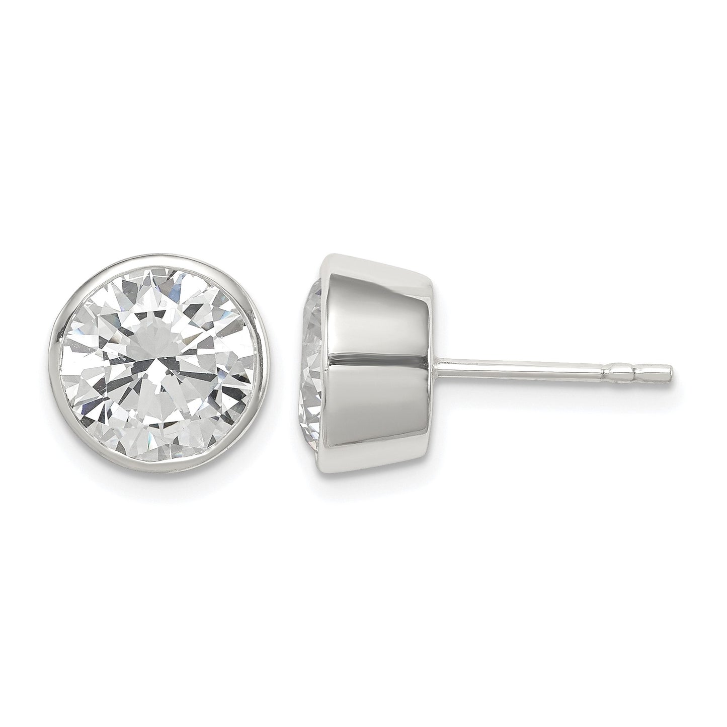 Sterling Silver Polished 9mm Round CZ Bezel Set Stud Earrings